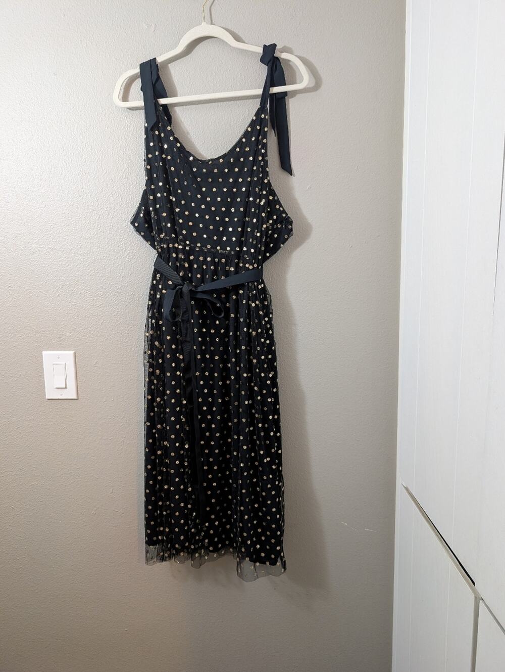 ModCloth Black Midi Dress with Gold Polka Dots